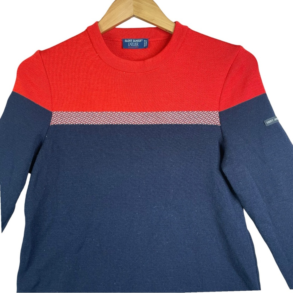 Saint James L' Atelier 100% Wool Color Block Navy Blue Red Women Sweater Size 6 - Picture 4 of 16